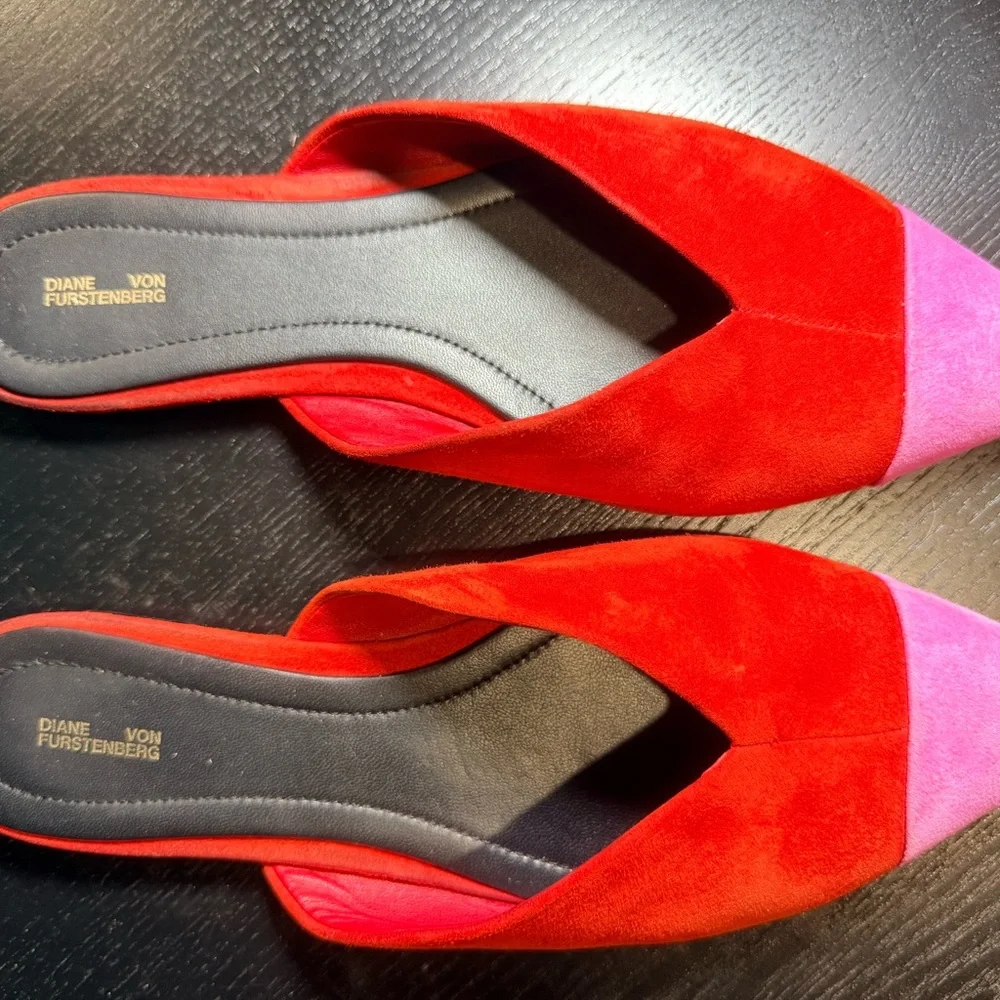 Diane Von Furstenberg Red and Pink Mules - Picture 1 of 9